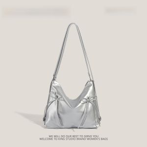 Silver Multifunctional Womens Backpack Large Capacity Commuter Single Shoulder Bag Ballet Style Retro Trend Soft PU Leather