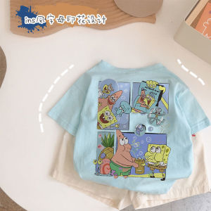 Cartoon Sponge Baby Print Pure Cotton Short-Sleeved T-shirt Boys and Girls K-style Cute Fun Fashion Clothes Ins Fashion