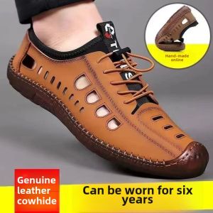 Mens Summer Soft Leather Rope Bottom Sandals Breathable Hollow out Outdoor Clog Shoes Real Leather Casual Slip-On Flats