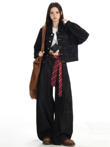 Deep Blue Curved Knife Wide Leg Jeans Womens Loose Design Autumn New Style Casual Cotton Trousers High Waist Zipper Closure