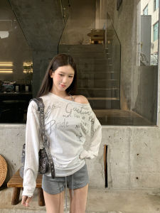 Sun Protection Loose T-Shirt with Off-Shoulder and Slanted Shoulder Design White