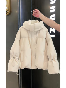 White Hooded Short Thickened Drawstring Cotton Jacket Womens Winter Fleece Lined Outerwear High Quality Korean Style Loose Fit