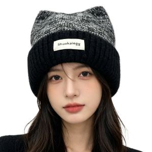 Soft Winter Knitted Cat Ear Beanie for Women with Ear Protection Flaps Plush Wool Warm Thermal Hat for Big Head Cold Weather