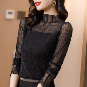 Áo Sơ Mi Nữ Tay Dài Cổ Cao Màu Trơn Dáng Ôm Lót Lưới Thời Trang Thu Đông 2024 Áo Sơ Mi Nữ Cỡ Lớn