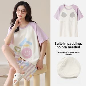 Miiow | Pure Cotton Summer Sleepwear Womens Short Sleeve Shorts Home Clothes Set Lotus Edge Sweet Style Comfortable Breathable Thin