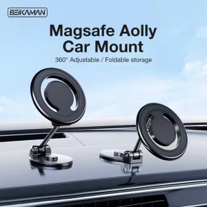Beikaman For Magsafe Foldable Car Mount 360° Rotatable Adjustable Magnetic Phone Holder For iPhone 14 13 12 Pro Max Mini Alloy Cellphone Holder For Car