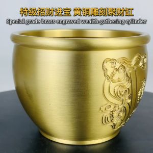 YMS 特级招财进宝 黄铜雕刻聚财缸 招财米缸 百福缸 (附送元宝五帝钱) 黄铜米缸 招正财偏财 聚宝盆 风水用品 风水摆件 米桶 神台用品 米缸底座 山水底座 Feng Shui Brass Copper Rice Tank 1set
