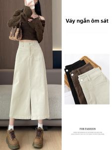 LANGPIN | Spring Autumn Silk A-Line Skirt Womens Side Slim Split Mid-Length Jeans High Elasticity Half Body Skirt High Waist Design