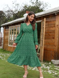 ชุดเดรสยาวเอวสูงลายจุดแขนกระดิ่ง ชุดเดรสยาวคลุมเข่าคอวีแขนยาวผ้าโพลีเอสเตอร์ ชุดทำงานฤดูใบไม้ร่วง