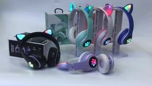 Cute Cat Ear Bluetooth Compatible Headset with LED Wireless Headset Children Girls Stereo Folding Sports Headset with Microphone