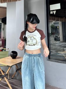 American Style Cat Print Splice Color Short Sleeve T-Shirt Women Summer Slim Sweet And Spicy Girl Thin Pure Desire Short Top