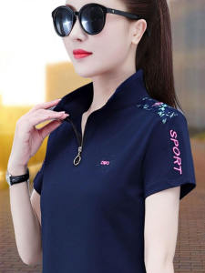 เสื้อยืดคอโปโลคอปกแขนสั้นผ้าฝ้ายแท้ไซส์ใหญ่สำหรับคุณแม่ ทรงหลวม ทรงหลวม ฤดูร้อน เสื้อยืดคอโปโลแบบมีซิปครึ่งตัว