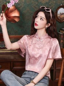 Áo Sơ Mi Tay Ngắn Phong Cách Trung Hoa Mới Cho Nữ Mùa Hè 2025 Áo Thun Họa Tiết Hoa Cổ Đứng Tay Bồng Thường Ngày Chất Liệu Khác
