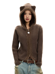 Apea | Retro Cute Hemmed Patchwork Hooded Short Knit Cardigan