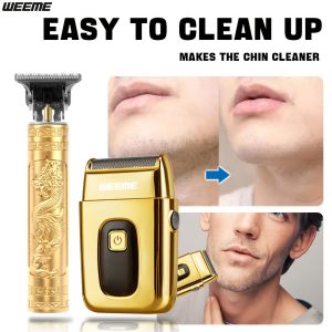 WEEME 2-in-1 Gold T9 Hair Clipper & Stubble Shaver Set T-Blade Precision Trimmer USB Rechargeable Cordless Metal Body Gift for