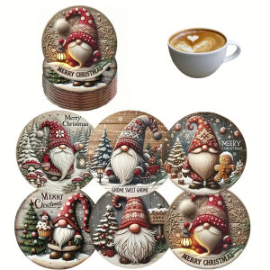 A 6-piece set of Christmas Gnom-themed color printed coasters is suitable for home dining table decoration as a Christmas gift