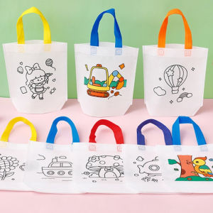 12 Sets Non Woven Graffiti Bag DIY Graffiti Pack with Colored Markers Reusable Animal Art Party Gift BagsStorage Accessories