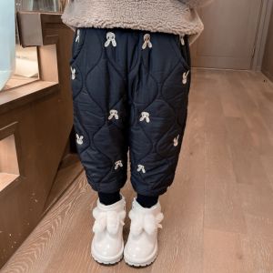 Baby Girl Embroider Rabbit Cotton Pants Winter Little Girl Fleece Lined Padded Warm Keeping One to Get through Winter Casual Jogger Pants Tide
