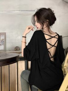 plus Size Womens Cross Back Design Korean Style Base Shirt T-Shirt Summer New Arrival Exposed Back Pure Desire Trend Top