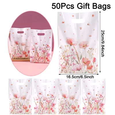 10/20/50pcs Spring Wildflowers Plastic Gift Bags Floral Grass Butterfly Design Handheld Bag for Wedding Mothers Day Birthday