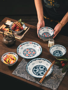 2023 New Ceramic Bowl Plate Set Chinese Style Dining Utensils Rice Bowl Vegetable Dish Combination round Shape Plant Floral Pattern
