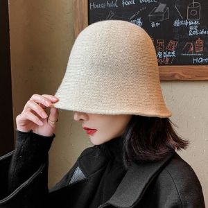 Black Woolen Knitted Fisherman Hat Womens Spring Autumn Trendy All-Match Bucket Cap Early Spring Leisure Style round Top Wide Brim