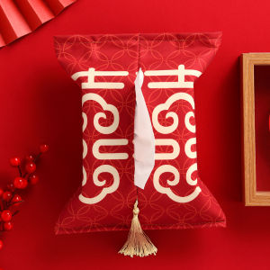 Red Wedding Tissue Box Chinese Style Long Rectangle Leather Material New Chinese Style Home Storage Organizer Tissue Holder