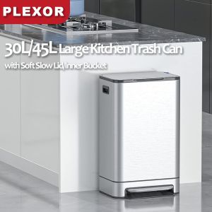 Plexor 30L/45L Large Kitchen Trash Can with Soft Slow Lid Stainless Steel Thickened Body Rectangular Pedal Trash Can Durable Pedal Removable Plastic Inner Bucket Waste Bin Garbage Can for Kitchen Commercial Home Office Garbage Can