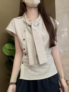 Artistic Striped Peplum Waist Slim Fit Short Sleeve Shirt