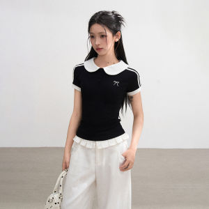 BAIDAIFEI | Slim Summer Short Sleeve Blouse with Faux Polo and Peter Pan Collar