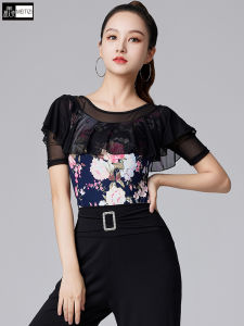Womens Latin Dance Top Mesh Ruffle Modern Dance Practice Suit Spring New Style Short Sleeve round Neck Yoga Fitness Sportswear