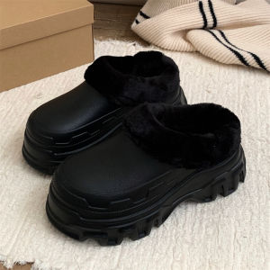 Thin Strip Street Fashion Thick Sole Womens Cotton Slippers Ins Height Increasing Fleece-lined Winter Lazybones Outdoor Closed Toe Cotton Shoes