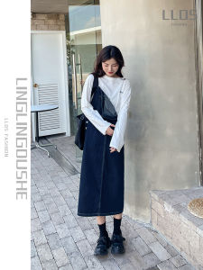 Retro Loose Fit Blue Denim Dress Womens Autumn New Style High Waist Cotton Blend Midi Skirt V-Neck Short Sleeve Dress