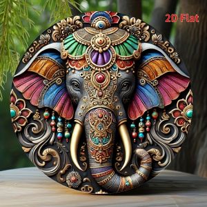 Vintage Indian Elephant Tin Sign - Intricate Floral & Geometric Round Metal Wall Art for Living Room Garden & Bar Decor-2D