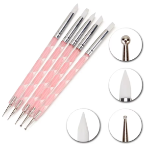 DUTRIEUX | 5Pcs 2 Way Nail Art Acrylic Silicone Point Flower Nail Pen Stainless Steel Dotting Tools Marbleizing Painting Pens Nail Tools