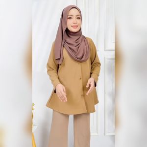 KM Women Harita Long Sleeve Round Neck Button Up Blouse Baju Muslimah