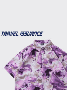 เสื้อเชิ้ตแขนสั้นหลวมๆ สำหรับคู่รัก ดีไซน์ลายวงกลมสีม่วง ทรงหลวมๆ สำหรับฤดูร้อน 2024 ทรงปกติ คอแหลม