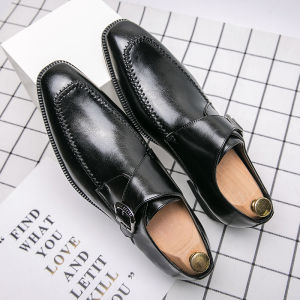 Fashionable Glossy Pointed Toe British Style Buckle Mens Dress Shoes