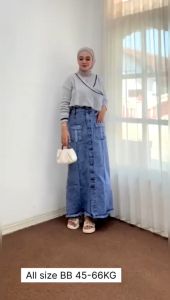 Rok Jeans Panjang Wanita Full Kancing Depan Model 2023