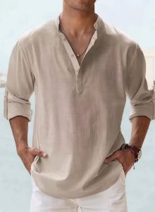 New Cotton Linen Shirts for Men Casual Shirts Lightweight Long Sleeve Henley Beach Shirts Hawaiian T Shirts for Men Streetwear