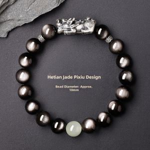 QINGXIANGTAI | 999 Fine Silver and Obsidian Beaded Bracelet For Men