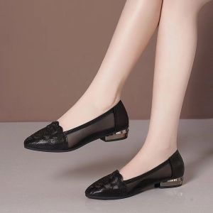 Spring Summer 2024 Soft Leather Womens Pointed Toe Low Heel Shoes Mesh Hollow out Single Shoes Large Size Sandals Women