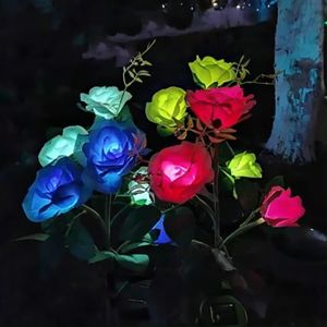 LED Solar Rose Lights Waterproof Outdoor Lamp 3 Heads Flowers Lawn Decorative Landscape Light For Christmas Birthday Party Graveyard Gravestone Garden Courtyard Pathway Lighting