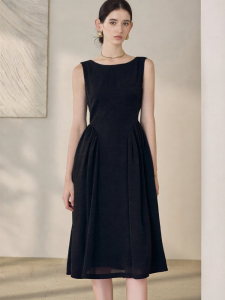 Roey s house | Black Sleeveless Summer Dress with Waist Cinching and Large Skirt