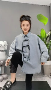 Spring 2024 Womens Retro Button-Up Denim Shirt Design Sensation Niche Fashionable Long Sleeve Polo Neck Open Cardigan Style