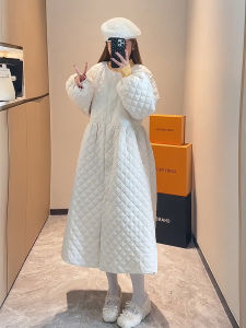 Winter Warm Cotton Inserted Womens Dress Minimalist Style A-Line Skirt Long Diamond Patterned Waist-Cinching Gown
