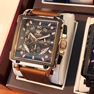 OLEVS 9919 Luxury Sport Brand Multi Time Zone Date Wrist Genuine Leather Men Classic Popular Watch