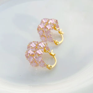 Elegant Pink Zircon Square Stud Earrings Premium Design Glitzy Jewelry Fresh out Fashion Trend for Women Alloy Set Artificial Gemstone