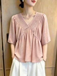 SHUAIYUE | Áo Blouse Eo Thon Màu Hồng Nhẹ Nhàng Cổ V