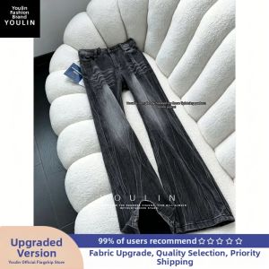 YOULIN | Slim Fit Tapered Flared Black Lightning Pattern Jeans